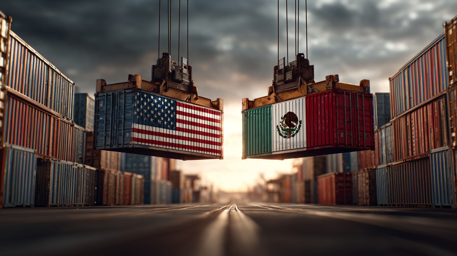 Two containers with flags being lifted at a ship port, representing international shipping and logistics