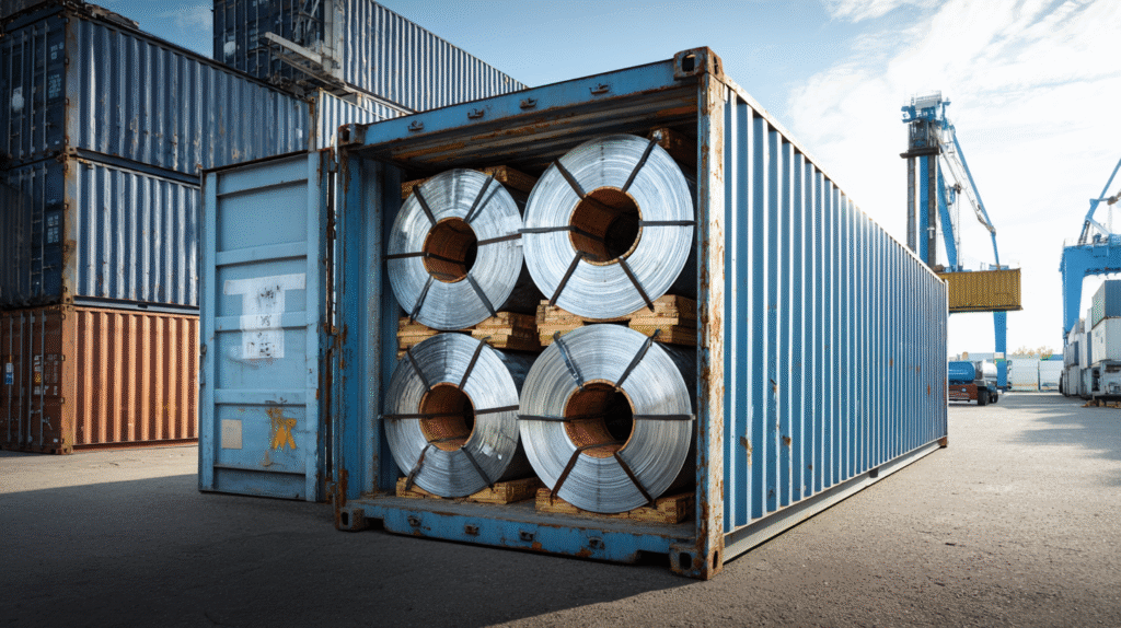 Steel coils loaded on a container at a ship port, ready for shipping and transportation