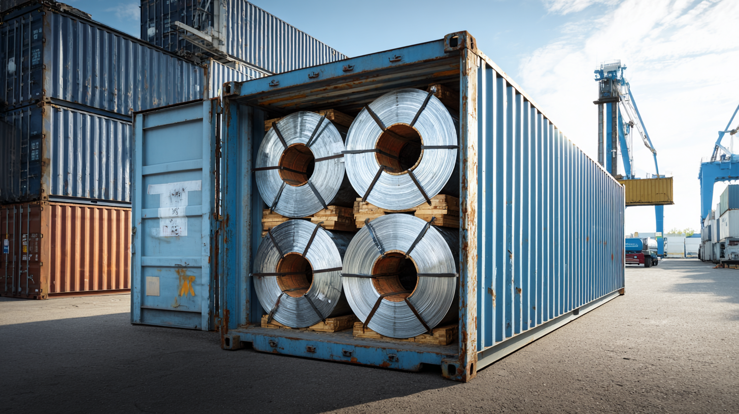 Steel coils loaded on a container at a ship port, ready for shipping and transportation