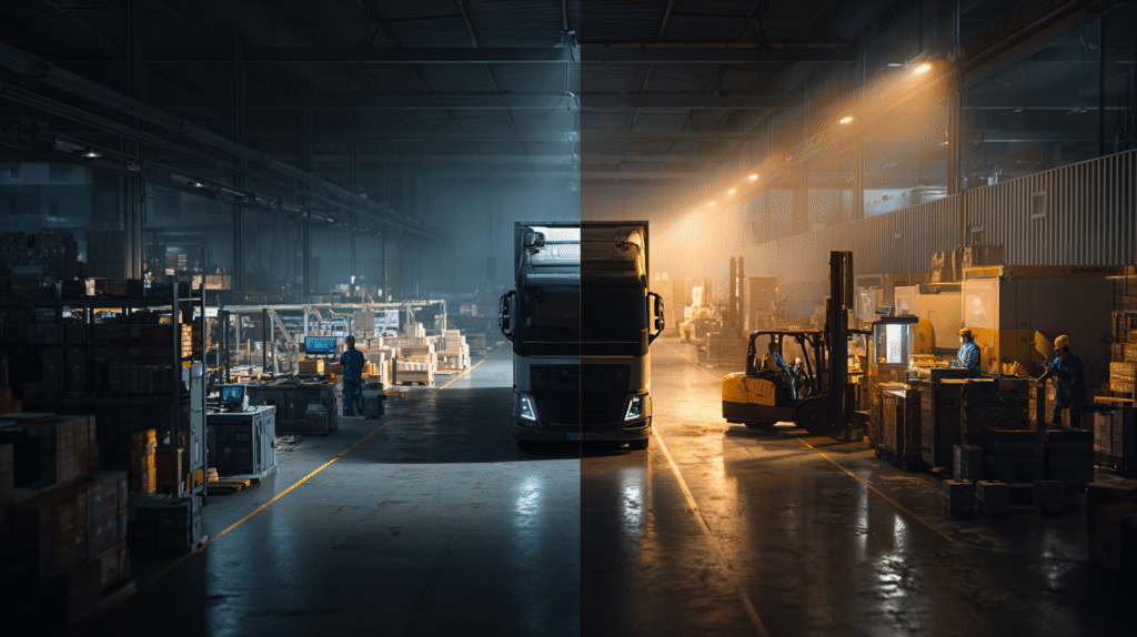 Truck in a warehouse with workers Loading goods, representing logistics and supply chain services